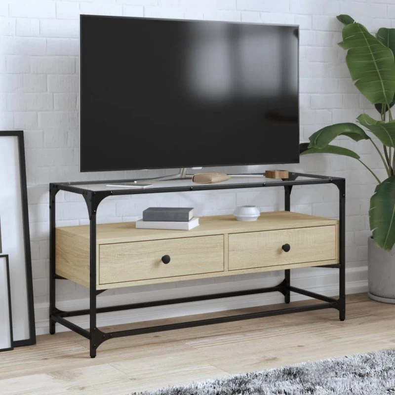 vidaXL TV-bord med glastop 98x35x51 cm konstrueret træ Sonoma-eg