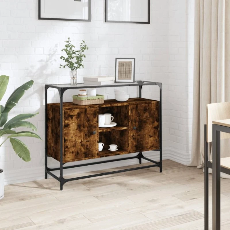 vidaXL Skænk med glastop 98x35x81 cm – Røget eg