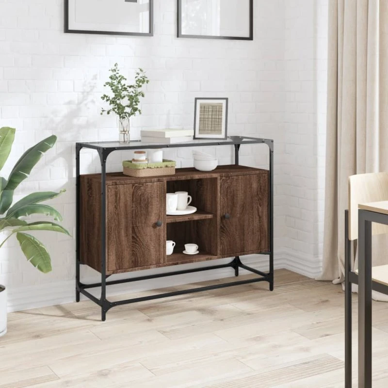 vidaXL skænk med glastop 98x35x81 cm brun egetræsfarve