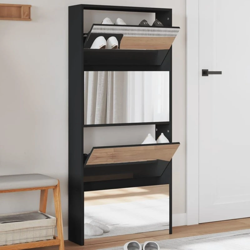 vidaXL skoskab med spejl, 4 hylder 63x17x134 cm - sort