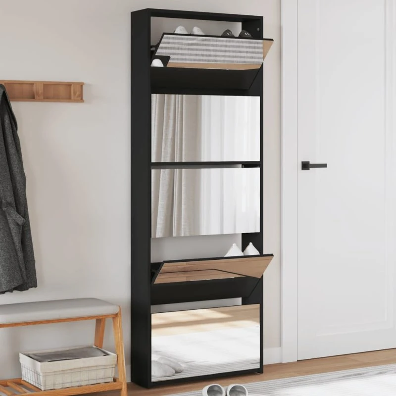 vidaXL skoskab med spejl 5 hylder 63x17x169,5 cm sort