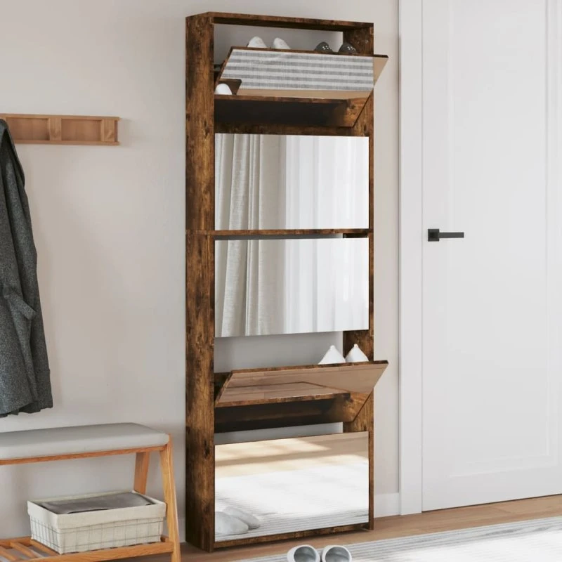 vidaXL skoskab med spejl 5 hylder 63x17x169,5 cm – røget eg