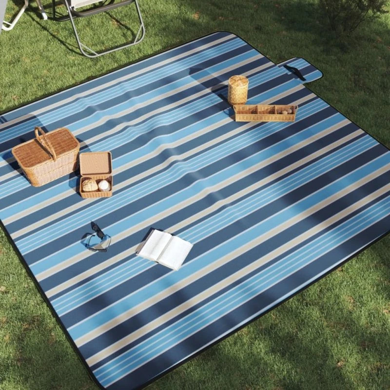 vidaXL picnictæppe 200x200 cm foldbart bølget fløjl blå/hvid