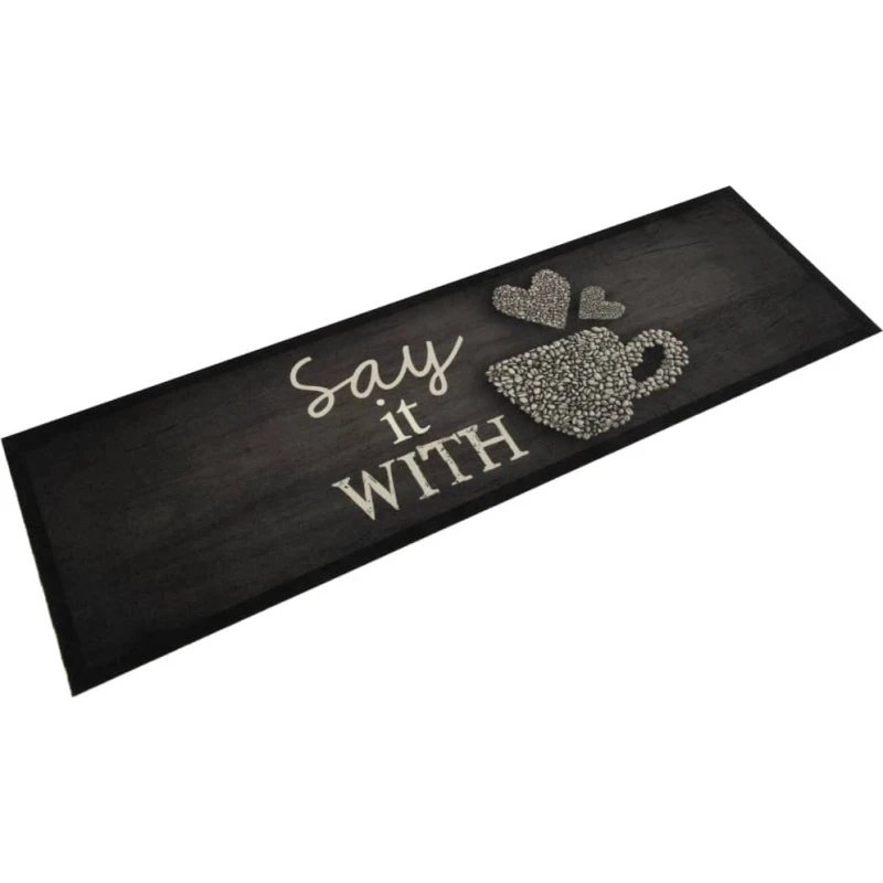 vidaXL køkkentæppe 45x150 cm kaffekop-design sort, vaskbart velour