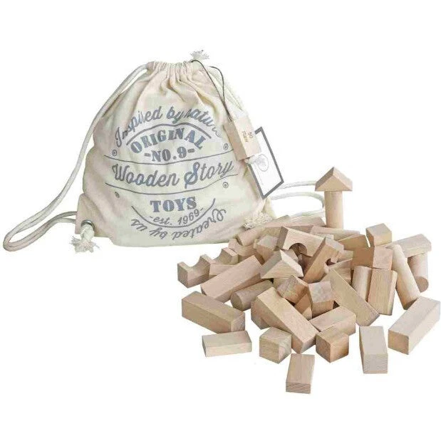 Wooden Story Træklodser 100 stk – natur i stofpose