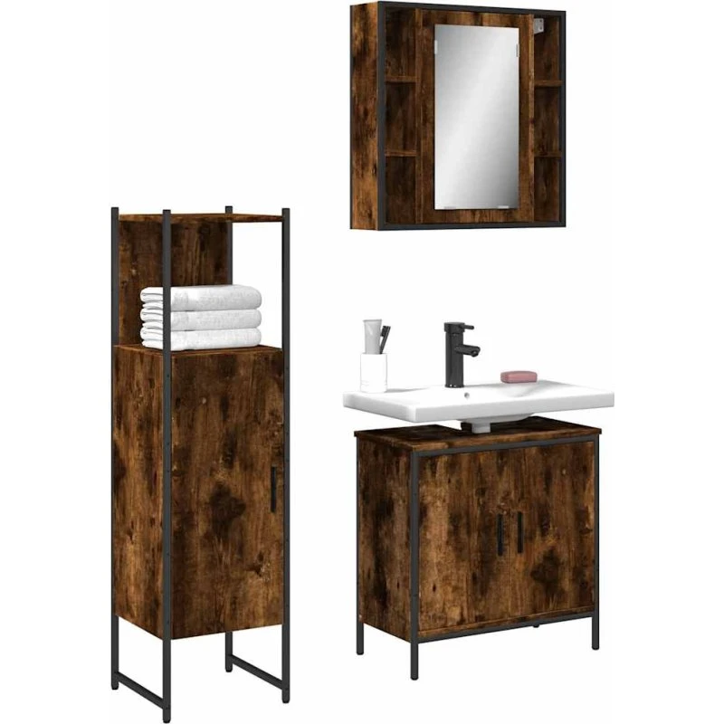 vidaXL badeværelsesskabe 3 dele i konstrueret træ, røget egetræ