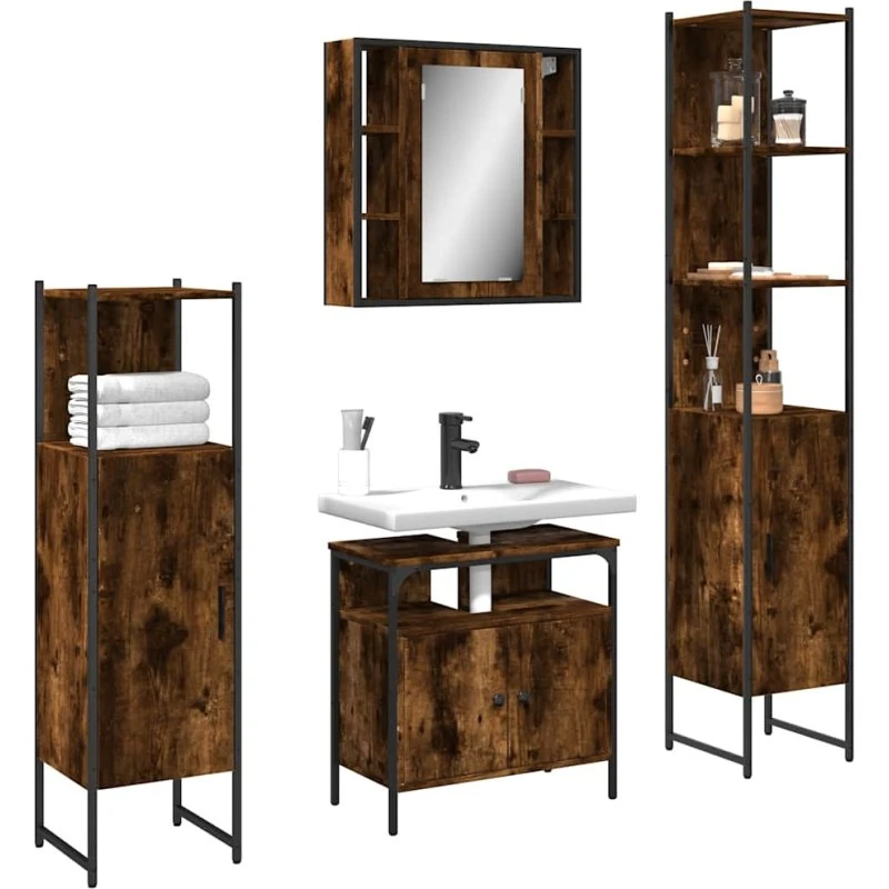 vidaXL badeværelsesskabe 4 dele i konstrueret træ, røget egetræ