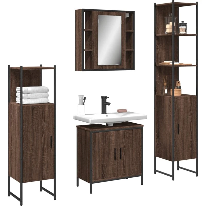 Badeværelsesskabe 4 dele, konstrueret træ – egetræsfarve/sort