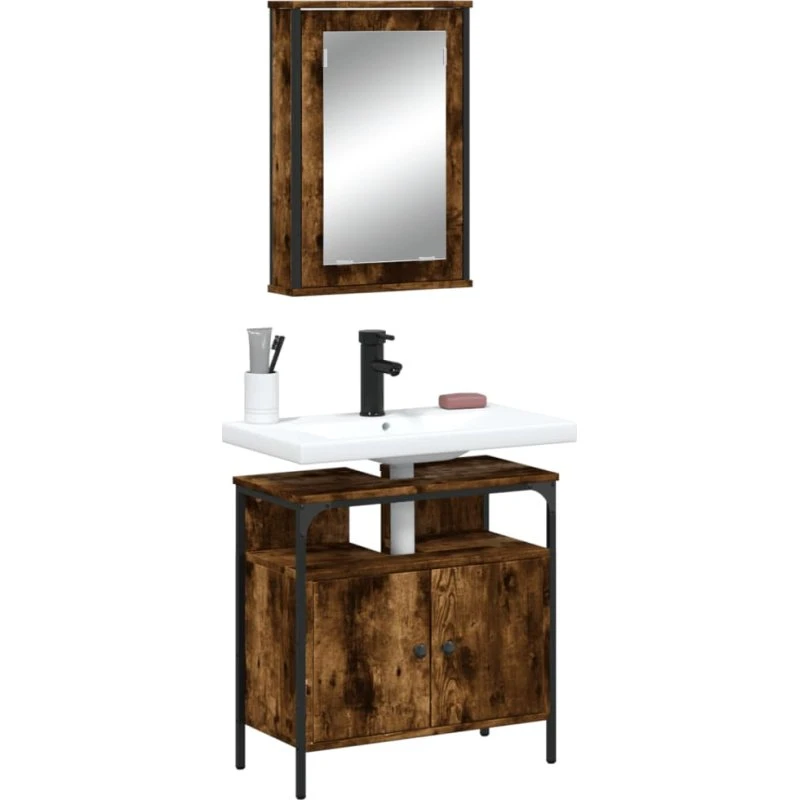 vidaXL 2-dele badeværelsesmøbelsæt i konstrueret træ, røget eg