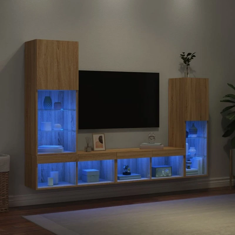 vidaXL TV-møbel væg 4 dele med RGB LED – Sonoma-eg
