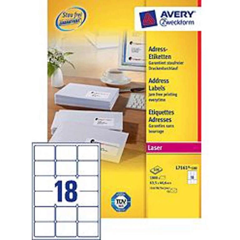 Avery L7161 hvide laseretiketter 63,5x46,6 mm, 18/ark (100 ark)