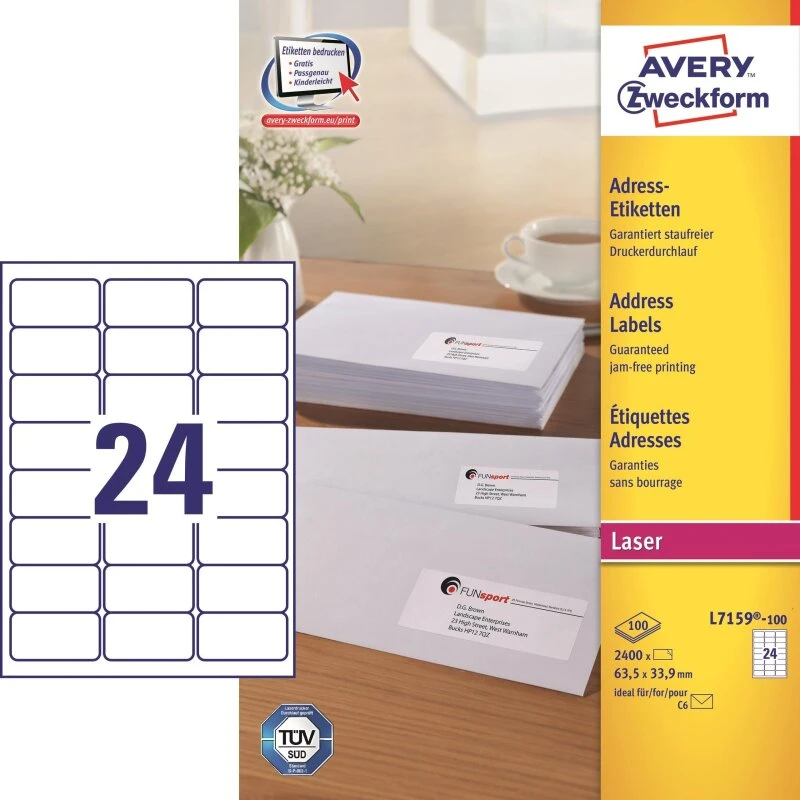 Avery L7159 Laseretiket 63,5 x 33,9 mm 24/ark (100 ark)