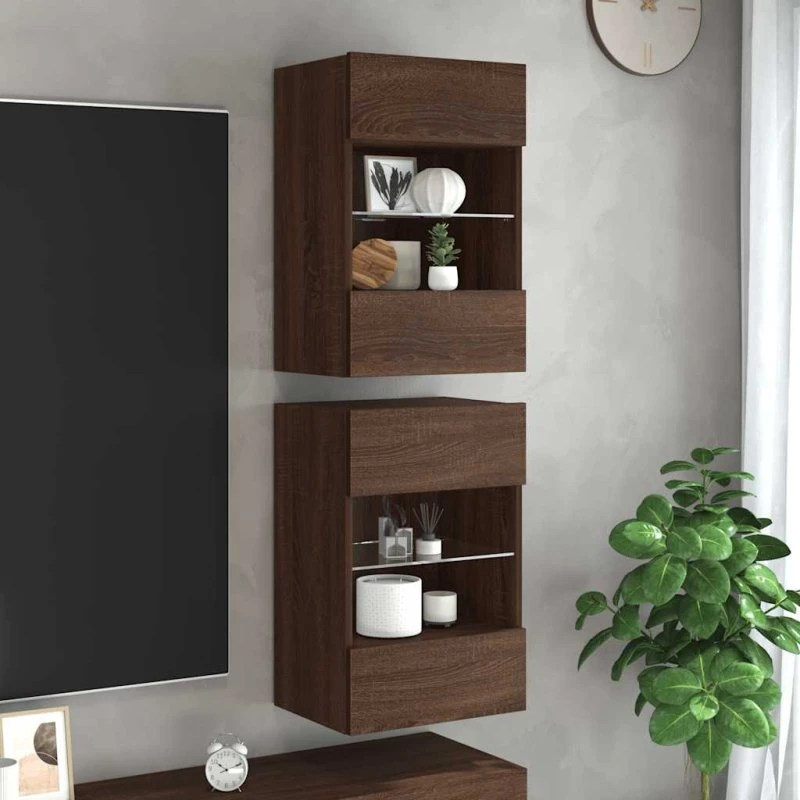 vidaXL væghængte TV-skabe 2 stk. RGB LED 40x30x60,5 cm brun eg