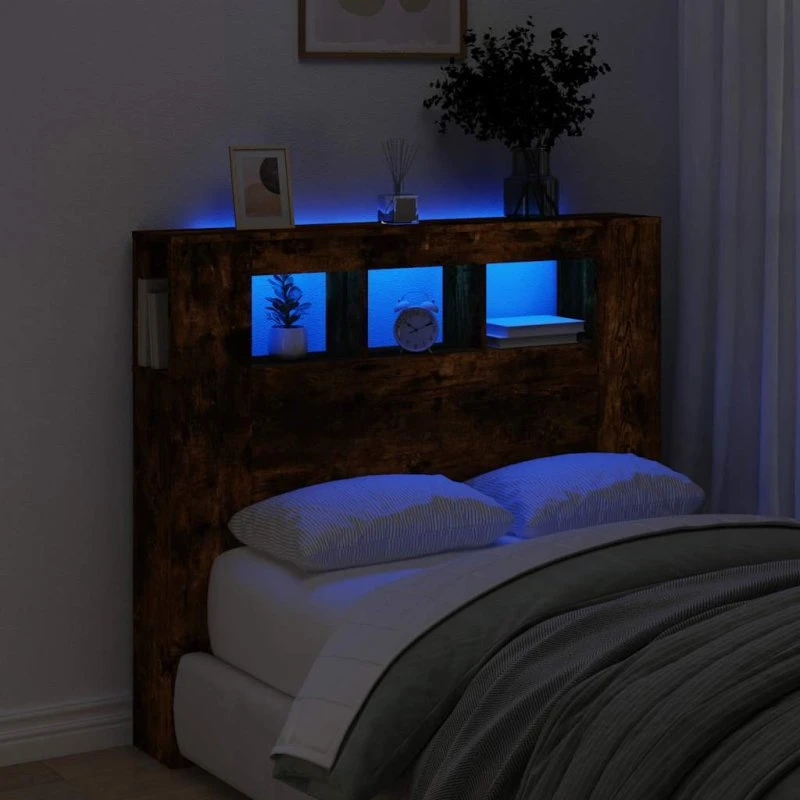 vidaXL sengegavl med LED 120x18,5x103,5 cm - røget eg