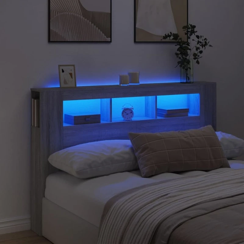 vidaXL sengegavl 160x18,5x103,5 cm med RGB LED, grå Sonoma