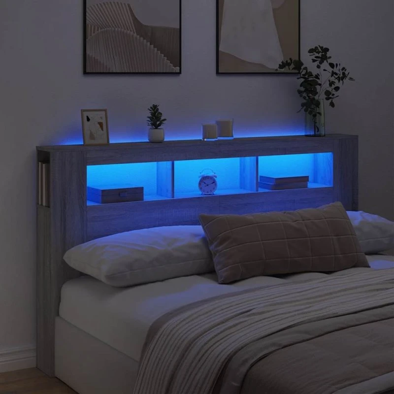 vidaXL sengegavl 180x18,5x103,5 cm LED grå Sonoma