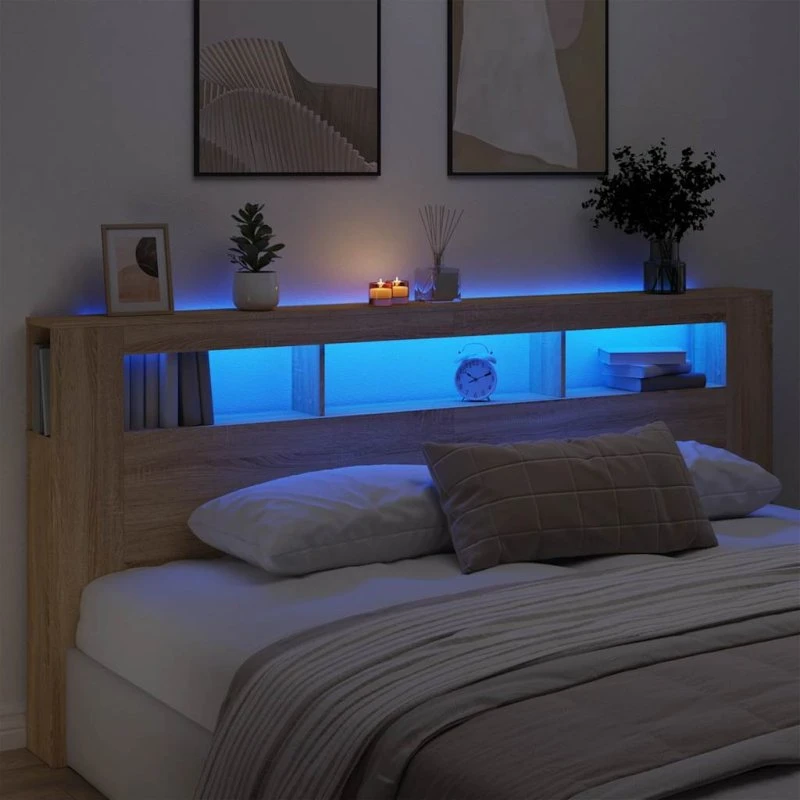vidaXL sengegavl 220x18,5x103,5 cm Sonoma-eg med LED