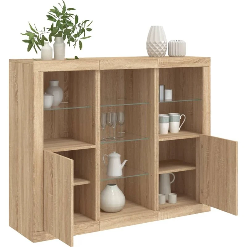 vidaXL skænke 3 stk. med LED, konstrueret træ Sonoma-eg