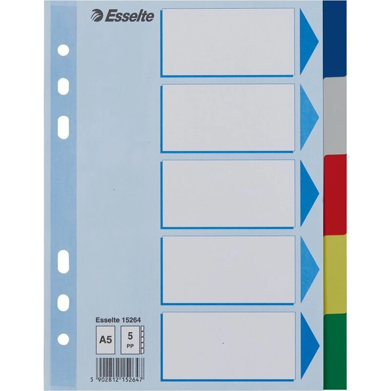 Esselte Faneblade A5 5-delt farvede PP 115 micron