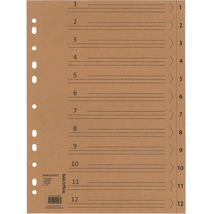 B.N.T. Register A4 1-12 kraftpapir 150 g 100% genbrug