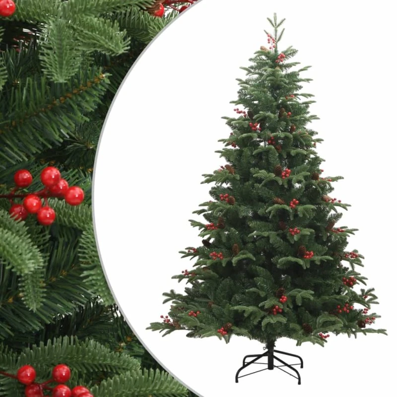 vidaXL kunstigt juletræ med grankogler og bær 210 cm hængslet