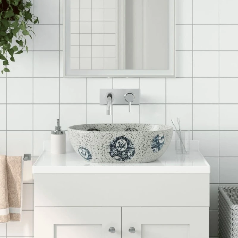 vidaXL håndvask til bordplade 47x33x13 cm oval keramik grå/blå