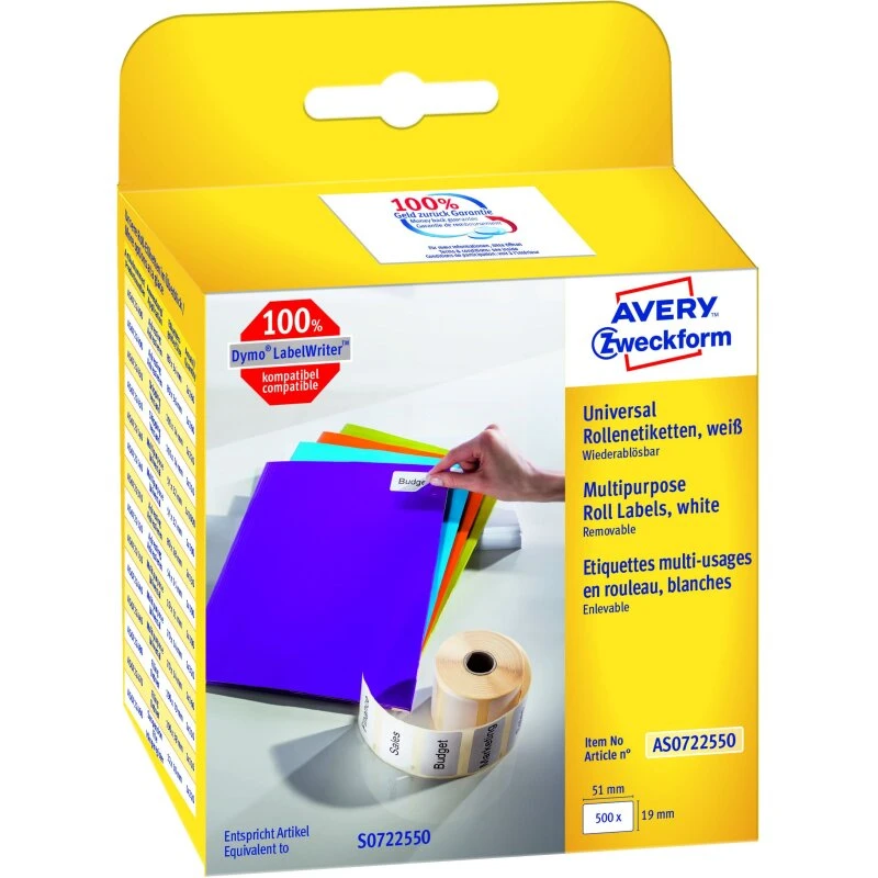 Avery aftagelige etiketter rulle 19 x 51 mm, 500 stk