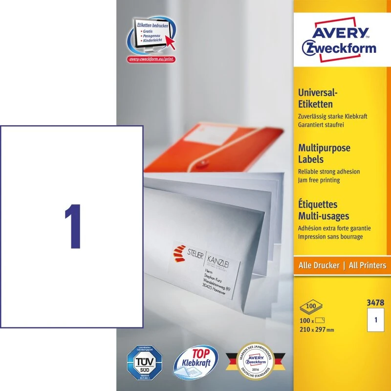 Avery ILC Universaletiket 210x297 mm — 100 stk