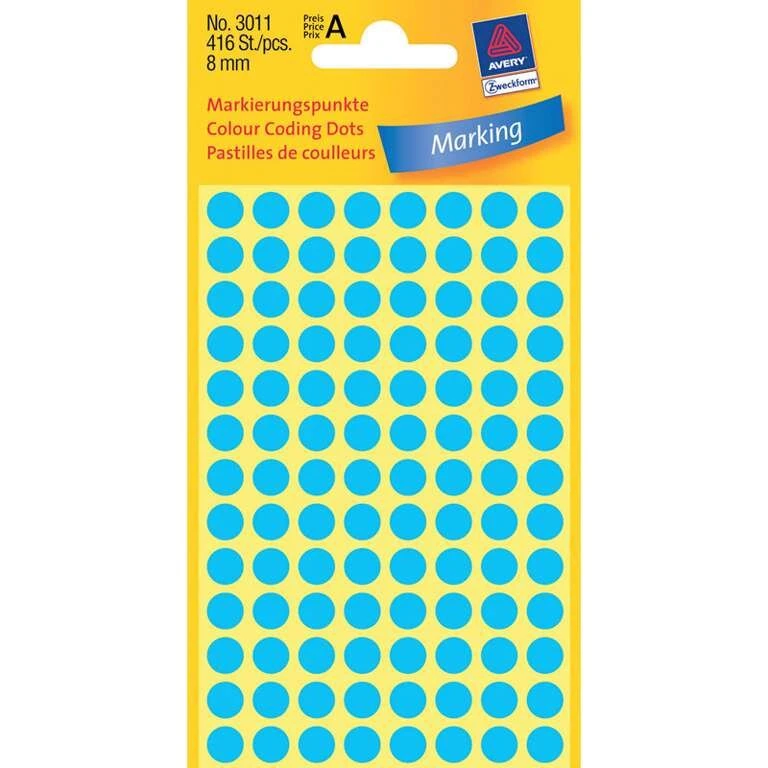 Avery Etiketter Ø8 mm blå, 416 stk