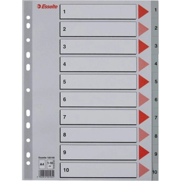 Esselte A4 Register 1-10 – Kraftig PP, pile-design grå