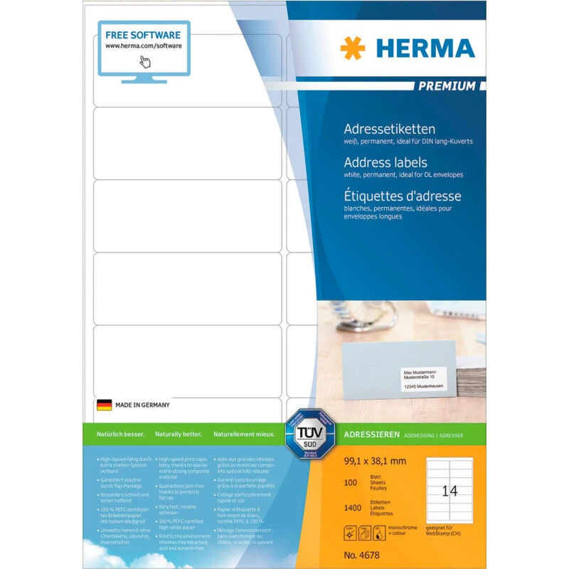 Herma Premium Etiketter 99,1x38,1 mm A4 Hvid – 1400 stk