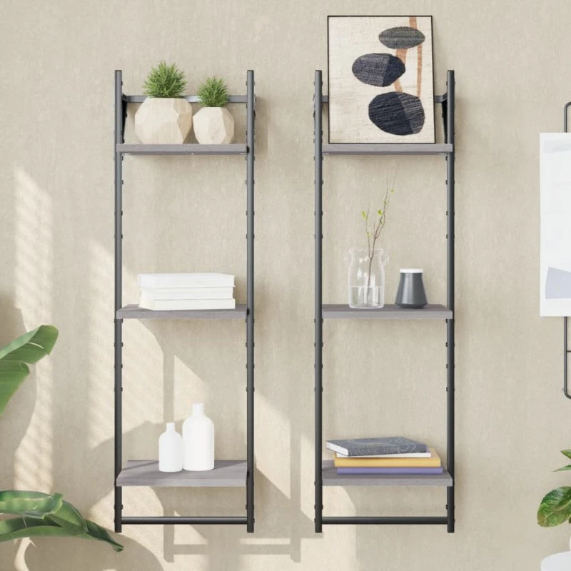 vidaXL væghylder 2 stk. m. stænger og 3 hylder 30x25x65 cm grå sonoma