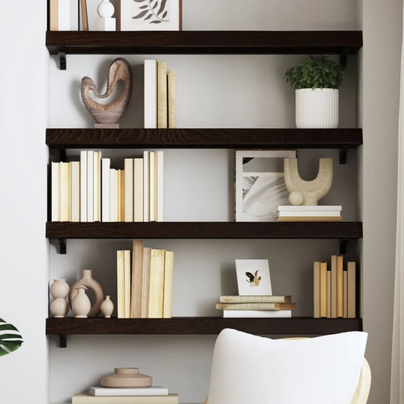 vidaXL væghylde i massivt egetræ 80x30x(2-6) cm mørkebrun