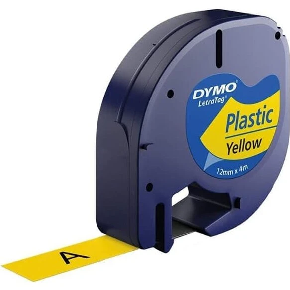 DYMO LetraTag plasttape 12 mm x 4 m, sort på gul