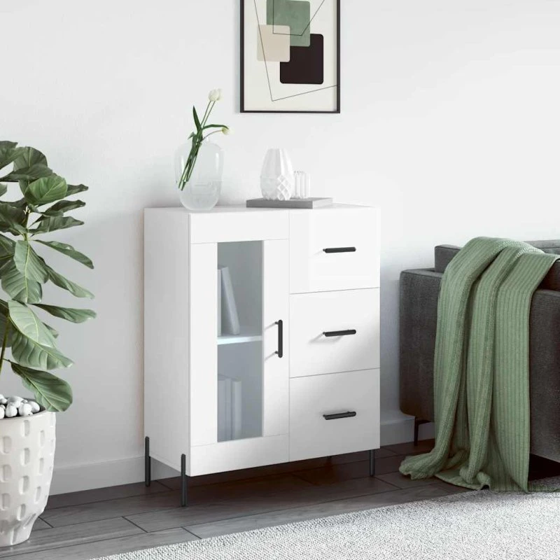 vidaXL skænk 69,5x34x90 cm konstrueret træ hvid højglans
