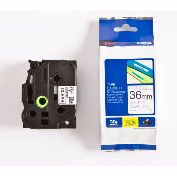 Brother TZe-161 36 mm lamineret labeltape – sort på klar (8 m)