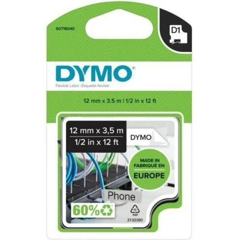 DYMO D1 nylontape 12mm x 3,5m sort/hvid