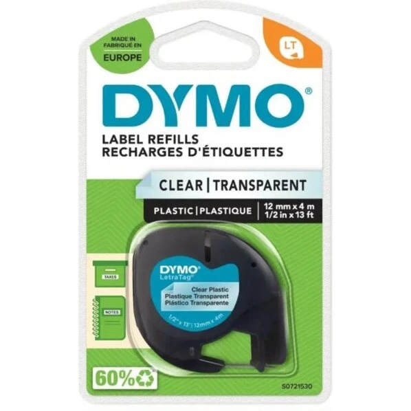 DYMO LetraTag Clear 12 mm - sort tekst på transparent