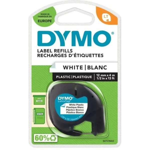DYMO LetraTag polyester tape 12 mm x 4 m – sort på hvid