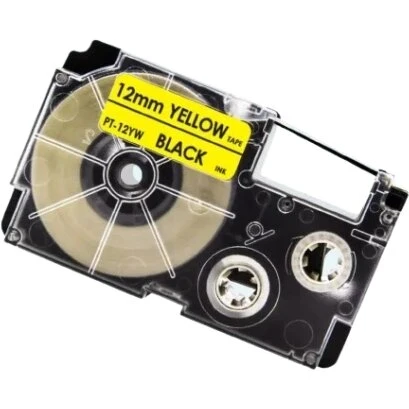 Casio XR-12YW1, 12 mm x 8 m - sort tekst på gul tape