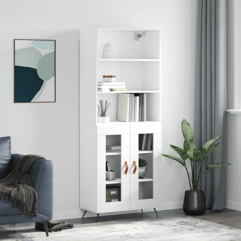 vidaXL Højskab 69,5x34x180 cm konstrueret træ hvid, 2 glaslåger