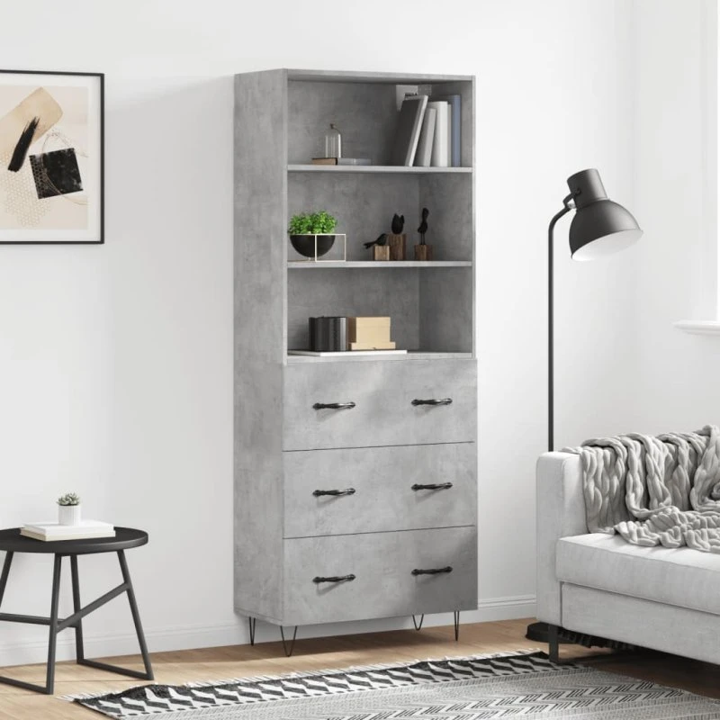 vidaXL højskab 69,5x34x180 cm konstrueret træ betongrå, 3 skuffer