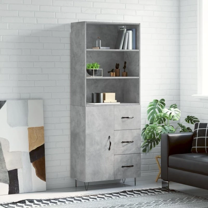 vidaXL højskab 69,5x34x180 cm betongrå - 1 låge, 3 skuffer