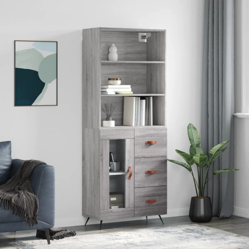 vidaXL højskab 69,5x34x180 cm grå Sonoma-eg (1 glaslåge, 3 skuffer)