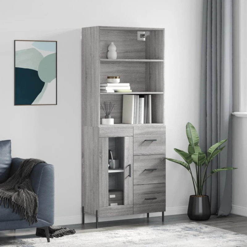 vidaXL Højskab 69,5x34x180 cm Grå Sonoma-eg, 1 glaslåge 3 skuffer