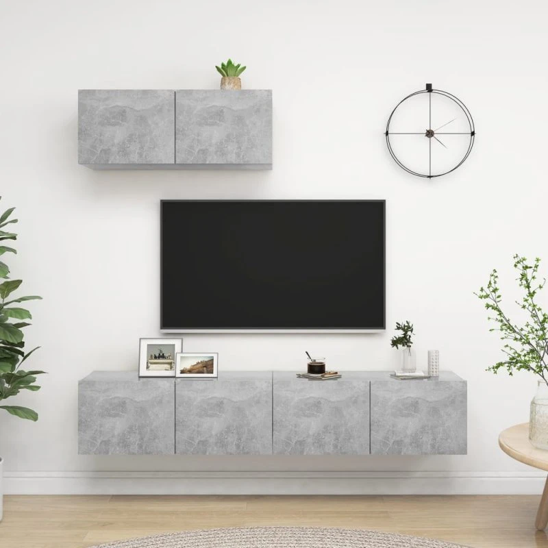 vidaXL væghængt tv-skab 3 stk. 80x30x30 cm konstrueret træ, betongrå