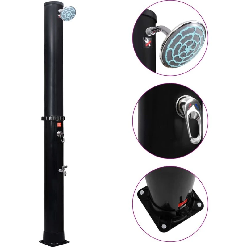 vidaXL solopvarmet udendørsbruser 40 L med brusehoved og hane - sort