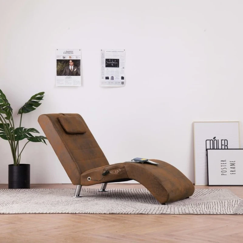 vidaXL massagechaiselong med pude i imiteret ruskind brun