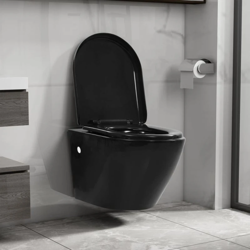 vidaXL væghængt toilet uden kant i keramik, sort