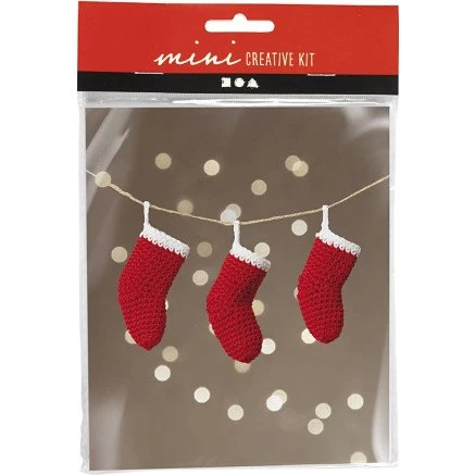 Mini DIY Kit Hækling – Julesokker rød/hvid (1 pk)